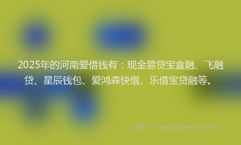 2025年的河南爱借钱有：现金易贷宝盒融、飞融贷、星辰钱包、爱鸿森快借、乐借宝贷融等。