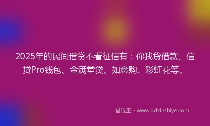 2025年的民间借贷不看征信有：你我贷借款、信贷Pro钱包、金满堂贷、如意购、彩虹花等。