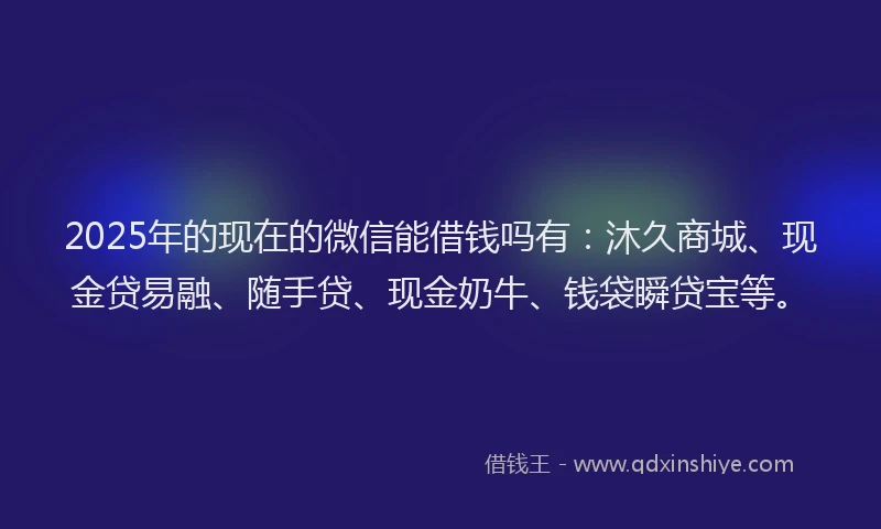 2025年的现在的微信能借钱吗有：沐久商城、现金贷易融、随手贷、现金奶牛、钱袋瞬贷宝等。