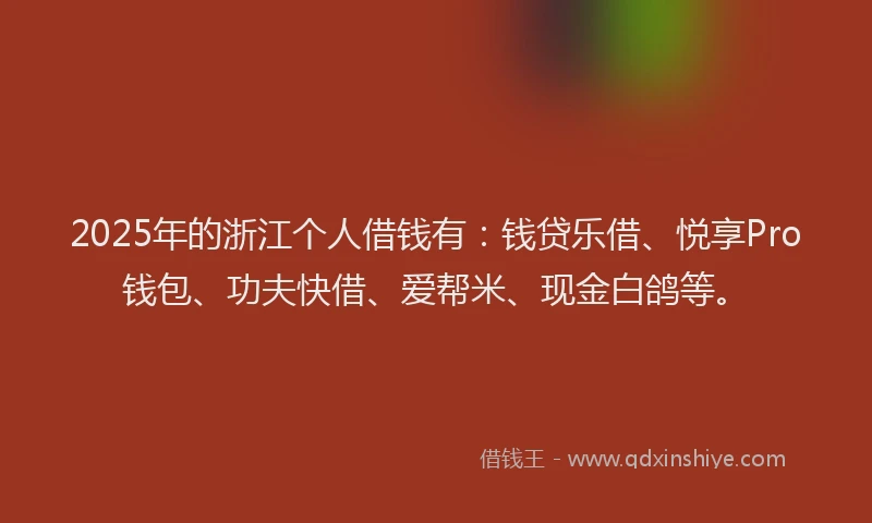 2025年的浙江个人借钱有：钱贷乐借、悦享Pro钱包、功夫快借、爱帮米、现金白鸽等。