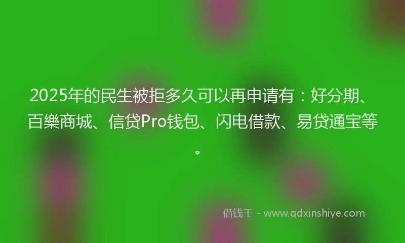 2025年的民生被拒多久可以再申请有：好分期、百樂商城、信贷Pro钱包、闪电借款、易贷通宝等。