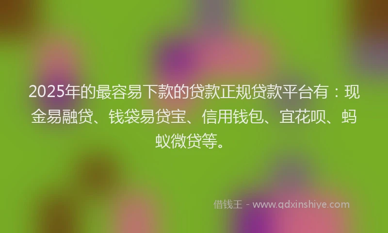 2025年的最容易下款的贷款正规贷款平台有：现金易融贷、钱袋易贷宝、信用钱包、宜花呗、蚂蚁微贷等。