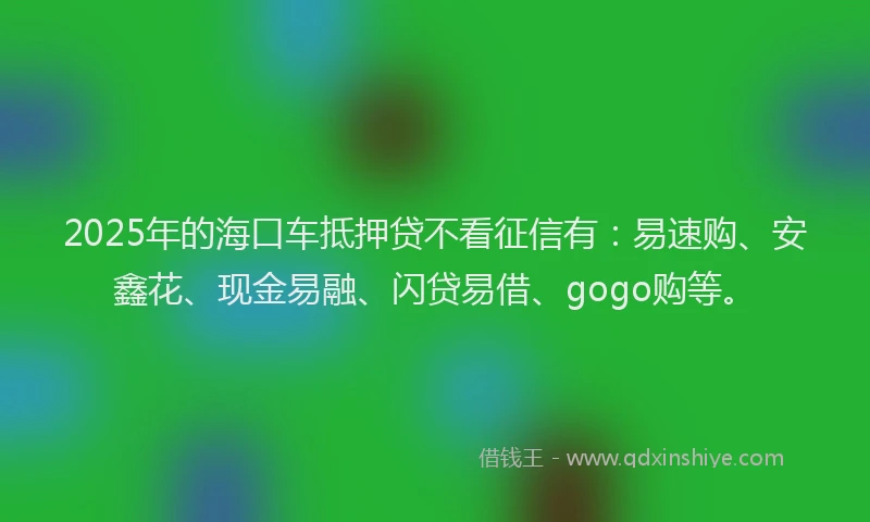 2025年的海口车抵押贷不看征信有：易速购、安鑫花、现金易融、闪贷易借、gogo购等。