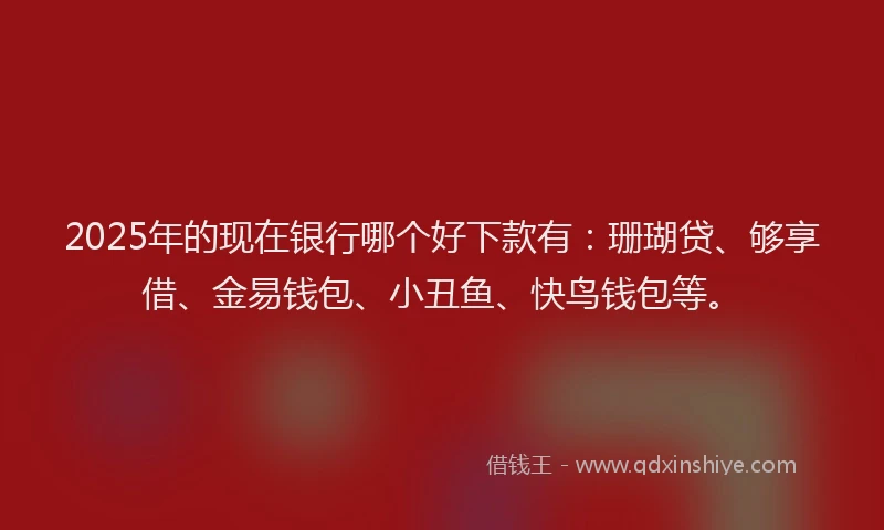 2025年的现在银行哪个好下款有：珊瑚贷、够享借、金易钱包、小丑鱼、快鸟钱包等。