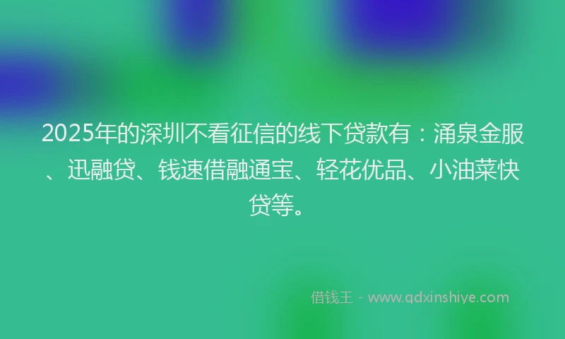 2025年的深圳不看征信的线下贷款有：涌泉金服、迅融贷、钱速借融通宝、轻花优品、小油菜快贷等。