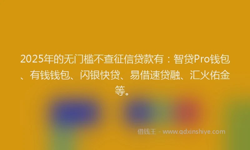 2025年的无门槛不查征信贷款有：智贷Pro钱包、有钱钱包、闪银快贷、易借速贷融、汇火佑金等。