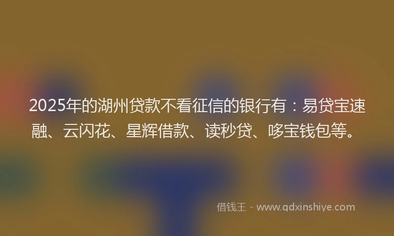 2025年的湖州贷款不看征信的银行有：易贷宝速融、云闪花、星辉借款、读秒贷、哆宝钱包等。
