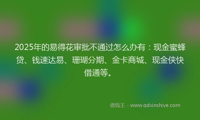2025年的易得花审批不通过怎么办有：现金蜜蜂贷、钱速达易、珊瑚分期、金卡商城、现金侠快借通等。