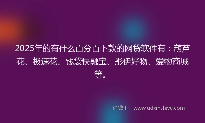 2025年的有什么百分百下款的网贷软件有：葫芦花、极速花、钱袋快融宝、彤伊好物、爱物商城等。