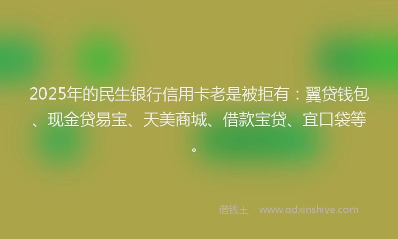 2025年的民生银行信用卡老是被拒有：翼贷钱包、现金贷易宝、天美商城、借款宝贷、宜口袋等。