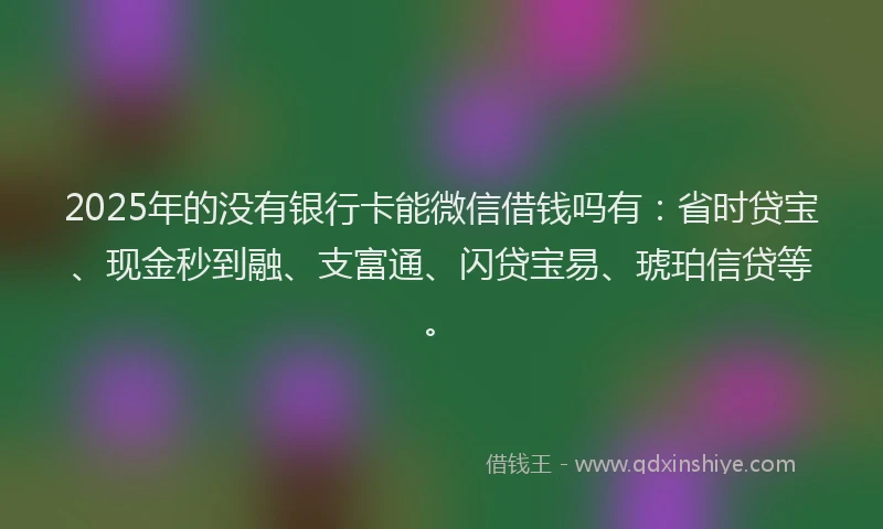 2025年的没有银行卡能微信借钱吗有：省时贷宝、现金秒到融、支富通、闪贷宝易、琥珀信贷等。
