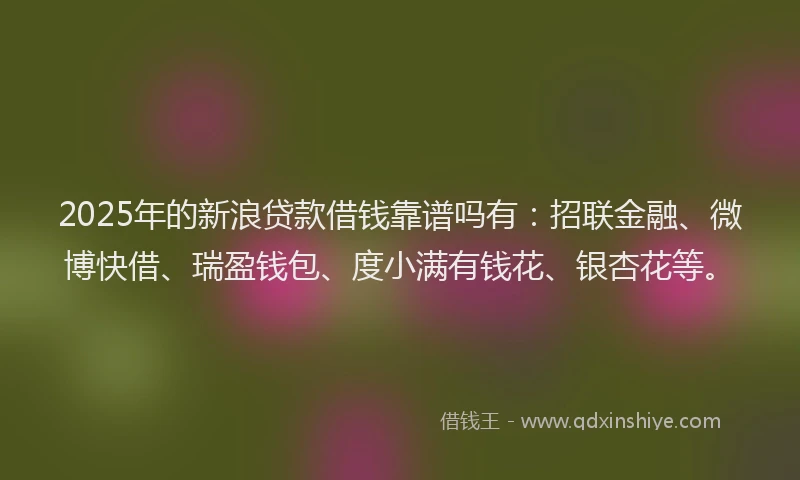 2025年的新浪贷款借钱靠谱吗有:招联金融、微博快借、瑞盈钱包、度小满有钱花、银杏花等。