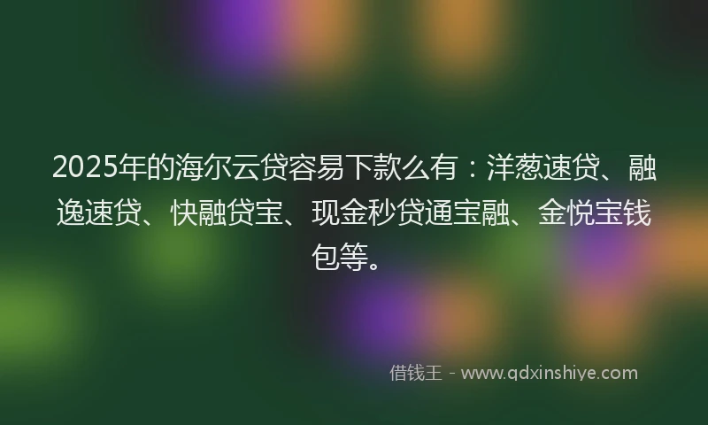 2025年的海尔云贷容易下款么有:洋葱速贷、融逸速贷、快融贷宝、现金秒贷通宝融、金悦宝钱包等。