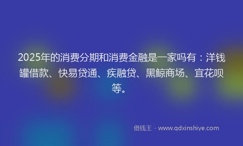 2025年的消费分期和消费金融是一家吗有：洋钱罐借款、快易贷通、疾融贷、黑鲸商场、宜花呗等。