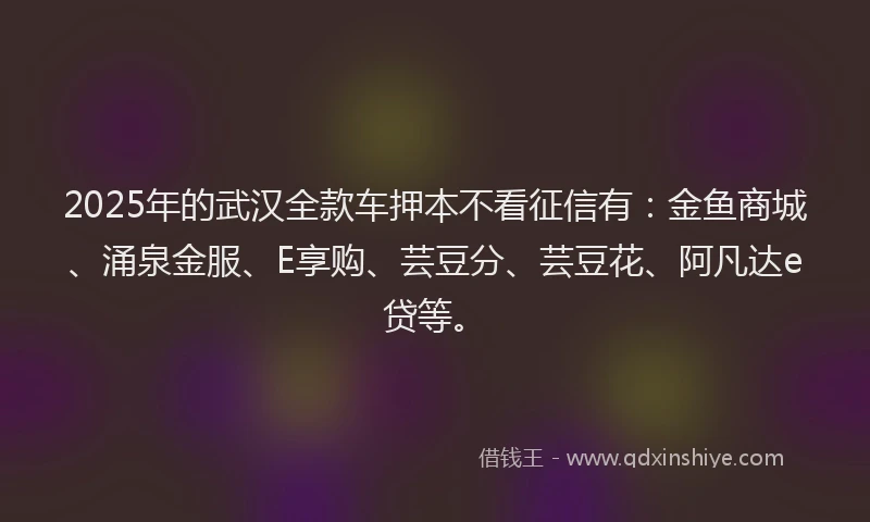 2025年的武汉全款车押本不看征信有:金鱼商城、涌泉金服、E享购、芸豆分、芸豆花、阿凡达e贷等。