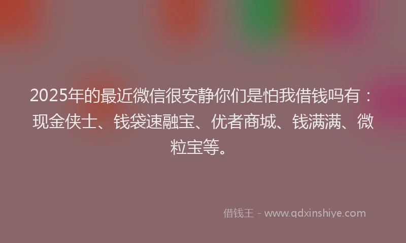 2025年的最近微信很安静你们是怕我借钱吗有：现金侠士、钱袋速融宝、优者商城、钱满满、微粒宝等。