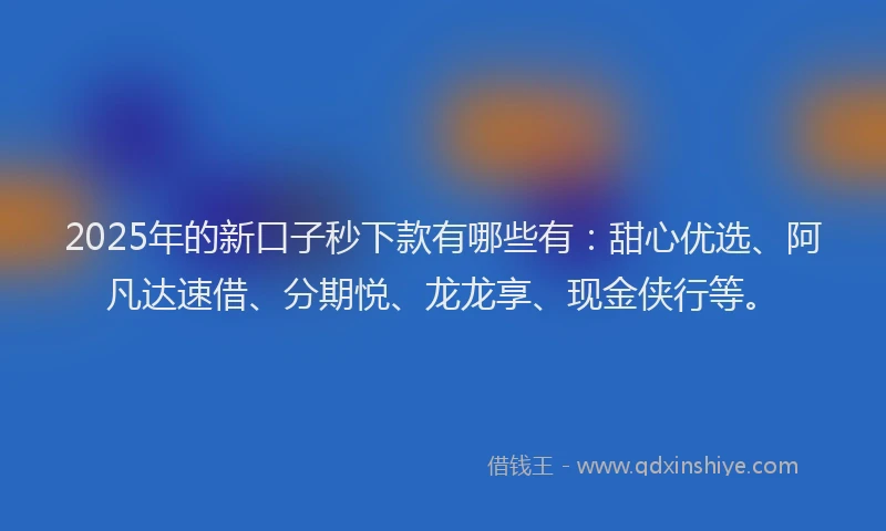 2025年的新口子秒下款有哪些有：甜心优选、阿凡达速借、分期悦、龙龙享、现金侠行等。