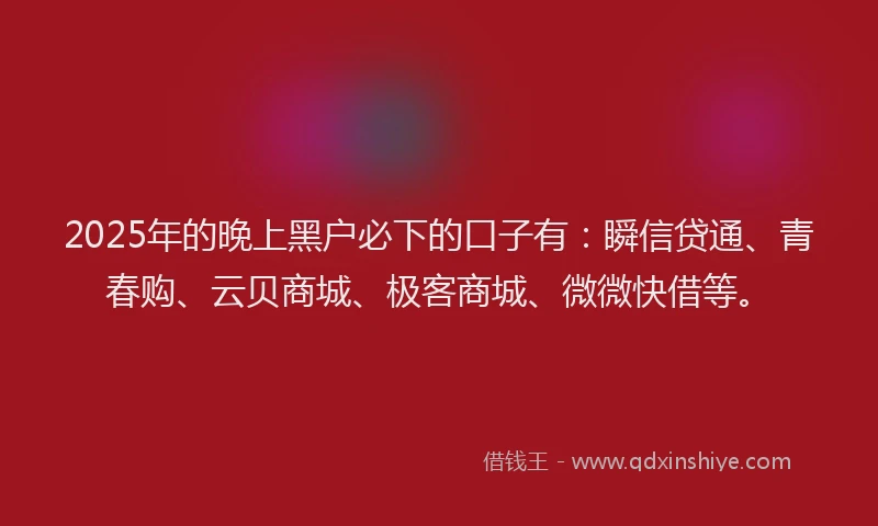 2025年的晚上黑户必下的口子有：瞬信贷通、青春购、云贝商城、极客商城、微微快借等。