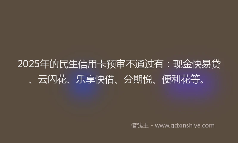 2025年的民生信用卡预审不通过有：现金快易贷、云闪花、乐享快借、分期悦、便利花等。