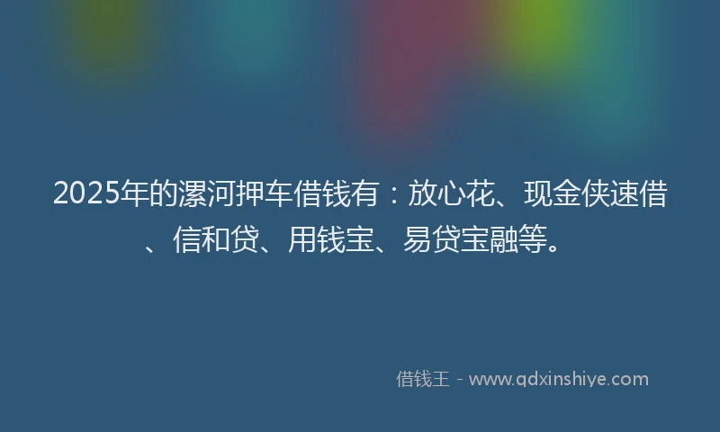 2025年的漯河押车借钱有：放心花、现金侠速借、信和贷、用钱宝、易贷宝融等。