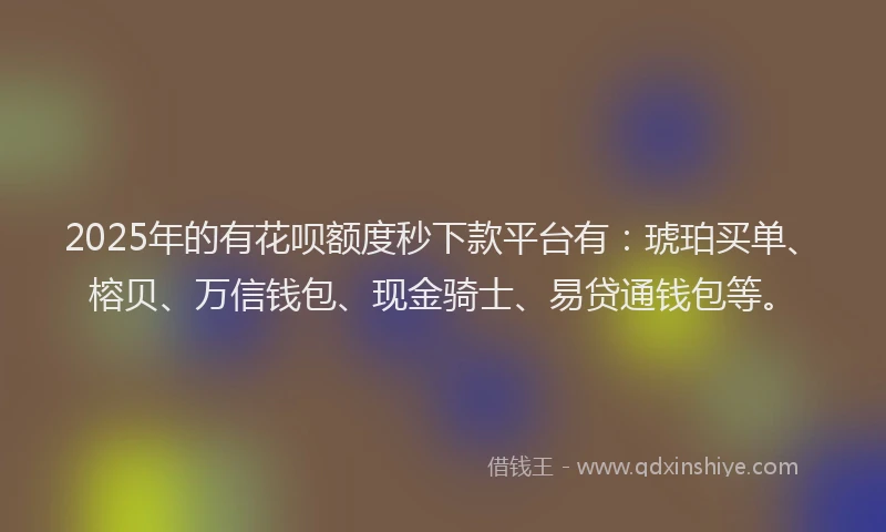 2025年的有花呗额度秒下款平台有：琥珀买单、榕贝、万信钱包、现金骑士、易贷通钱包等。