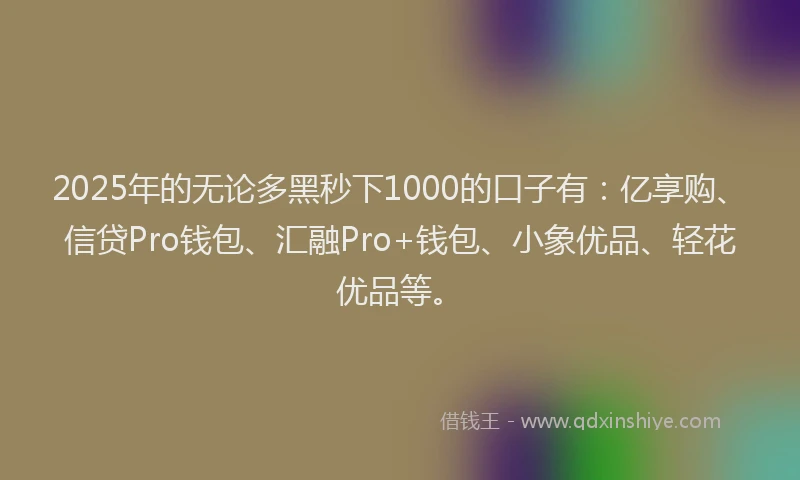 2025年的无论多黑秒下1000的口子有：亿享购、信贷Pro钱包、汇融Pro+钱包、小象优品、轻花优品等。
