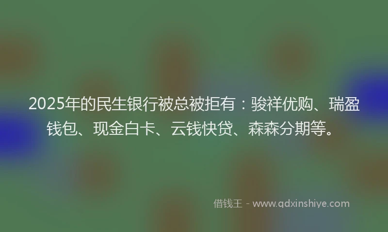 2025年的民生银行被总被拒有：骏祥优购、瑞盈钱包、现金白卡、云钱快贷、森森分期等。