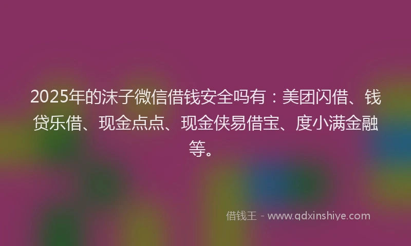 2025年的沫子微信借钱安全吗有：美团闪借、钱贷乐借、现金点点、现金侠易借宝、度小满金融等。