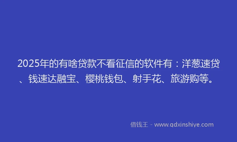 2025年的有啥贷款不看征信的软件有：洋葱速贷、钱速达融宝、樱桃钱包、射手花、旅游购等。
