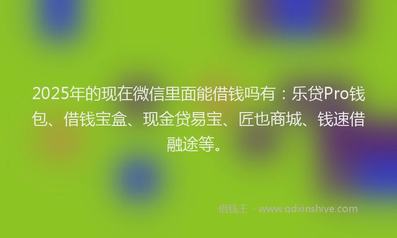 2025年的现在微信里面能借钱吗有：乐贷Pro钱包、借钱宝盒、现金贷易宝、匠也商城、钱速借融途等。