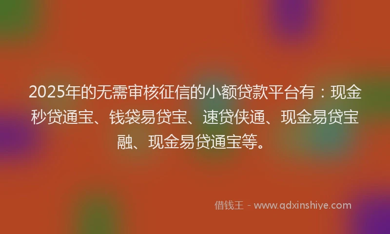 2025年的无需审核征信的小额贷款平台有：现金秒贷通宝、钱袋易贷宝、速贷侠通、现金易贷宝融、现金易贷通宝等。