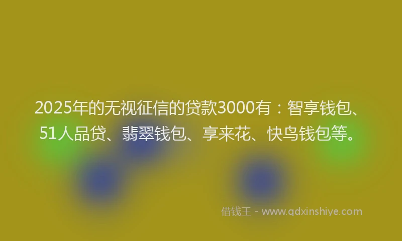 2025年的无视征信的贷款3000有：智享钱包、51人品贷、翡翠钱包、享来花、快鸟钱包等。