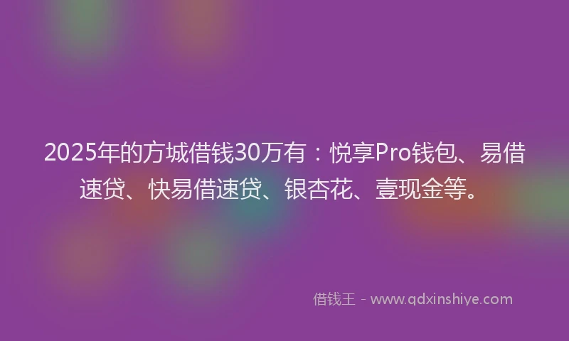 2025年的方城借钱30万有：悦享Pro钱包、易借速贷、快易借速贷、银杏花、壹现金等。