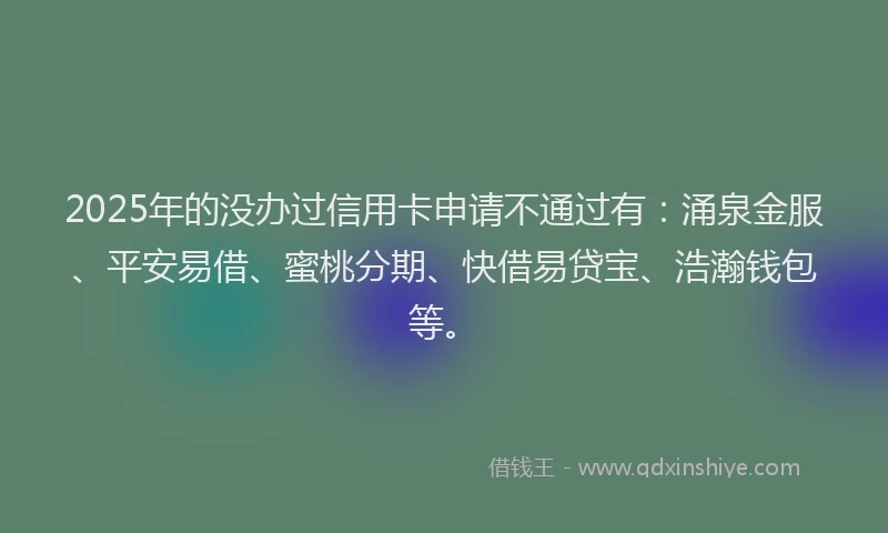 2025年的没办过信用卡申请不通过有：涌泉金服、平安易借、蜜桃分期、快借易贷宝、浩瀚钱包等。