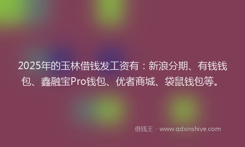 2025年的玉林借钱发工资有：新浪分期、有钱钱包、鑫融宝Pro钱包、优者商城、袋鼠钱包等。