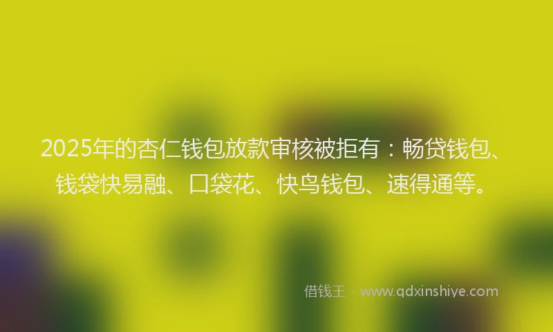 2025年的杏仁钱包放款审核被拒有：畅贷钱包、钱袋快易融、口袋花、快鸟钱包、速得通等。
