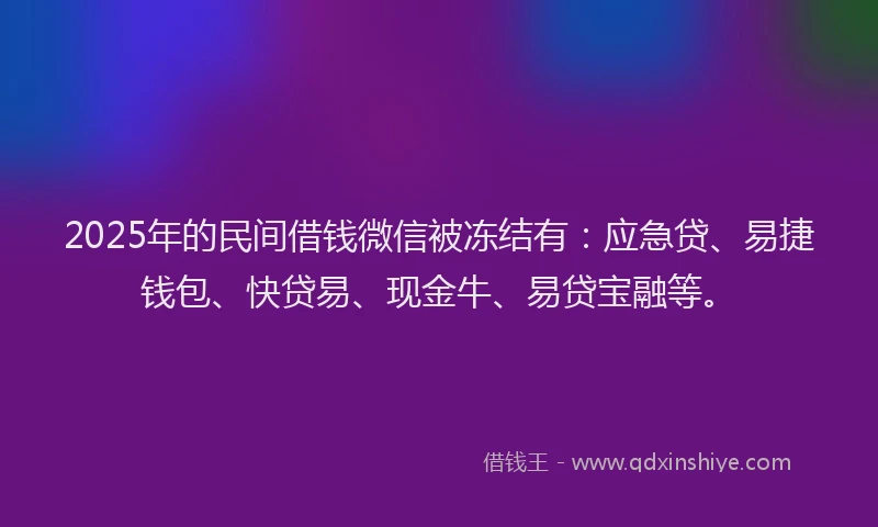 2025年的民间借钱微信被冻结有：应急贷、易捷钱包、快贷易、现金牛、易贷宝融等。
