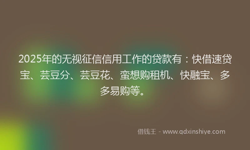 2025年的无视征信信用工作的贷款有：快借速贷宝、芸豆分、芸豆花、蛮想购租机、快融宝、多多易购等。