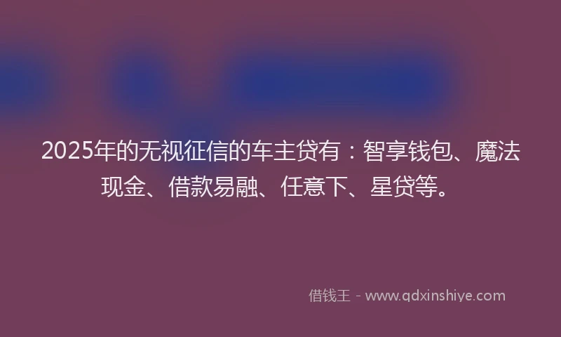 2025年的无视征信的车主贷有：智享钱包、魔法现金、借款易融、任意下、星贷等。