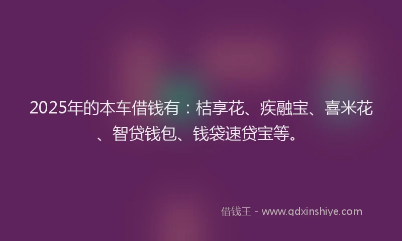 2025年的本车借钱有：桔享花、疾融宝、喜米花、智贷钱包、钱袋速贷宝等。