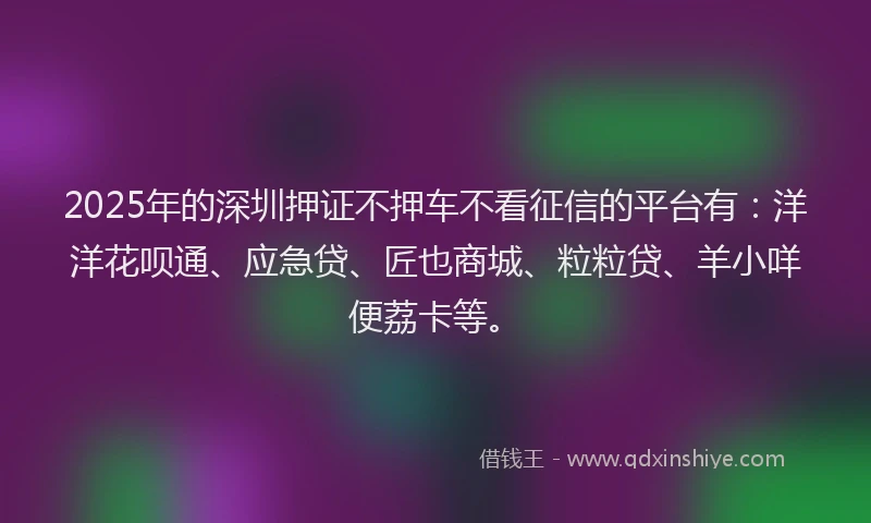 2025年的深圳押证不押车不看征信的平台有：洋洋花呗通、应急贷、匠也商城、粒粒贷、羊小咩便荔卡等。