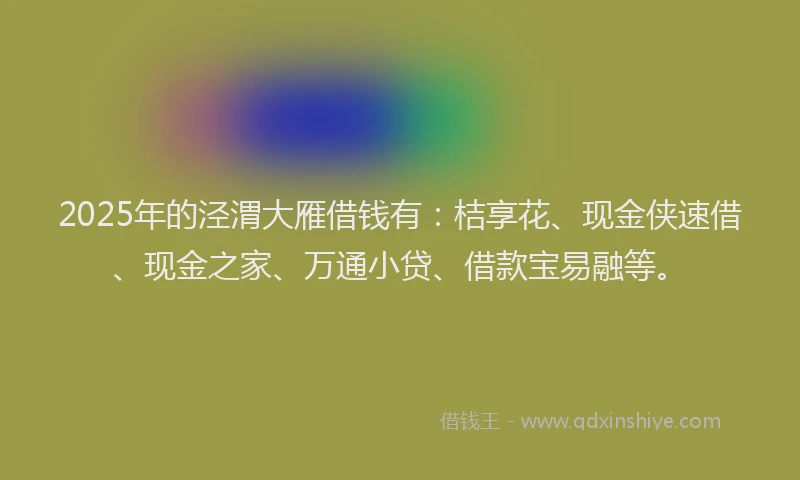2025年的泾渭大雁借钱有：桔享花、现金侠速借、现金之家、万通小贷、借款宝易融等。