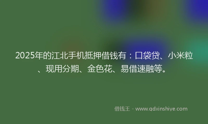 2025年的江北手机抵押借钱有：口袋贷、小米粒、现用分期、金色花、易借速融等。