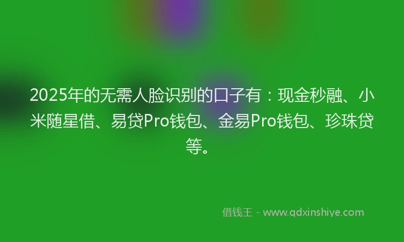 2025年的无需人脸识别的口子有：现金秒融、小米随星借、易贷Pro钱包、金易Pro钱包、珍珠贷等。