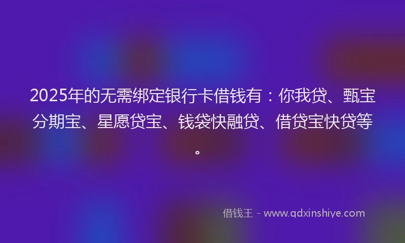 2025年的无需绑定银行卡借钱有：你我贷、甄宝分期宝、星愿贷宝、钱袋快融贷、借贷宝快贷等。