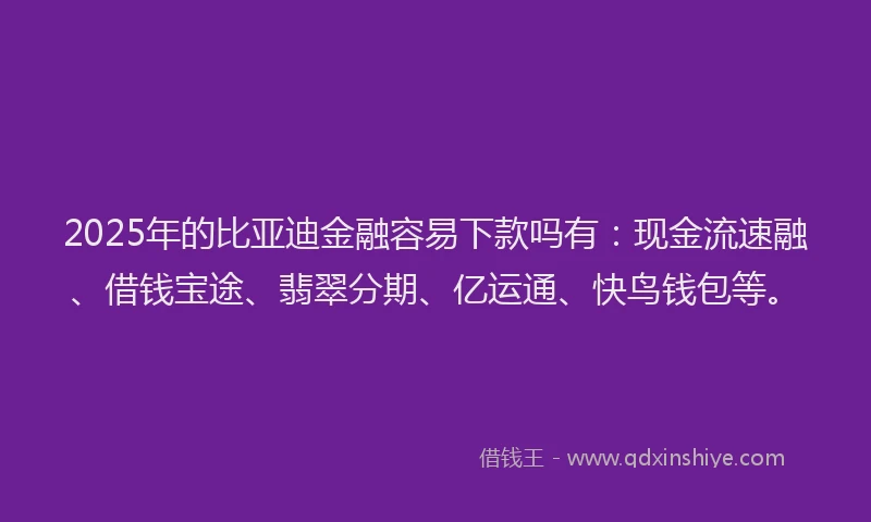2025年的比亚迪金融容易下款吗有：现金流速融、借钱宝途、翡翠分期、亿运通、快鸟钱包等。