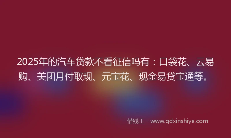 2025年的汽车贷款不看征信吗有：口袋花、云易购、美团月付取现、元宝花、现金易贷宝通等。