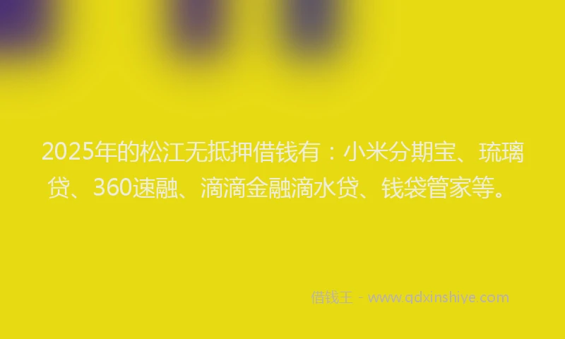2025年的松江无抵押借钱有：小米分期宝、琉璃贷、360速融、滴滴金融滴水贷、钱袋管家等。