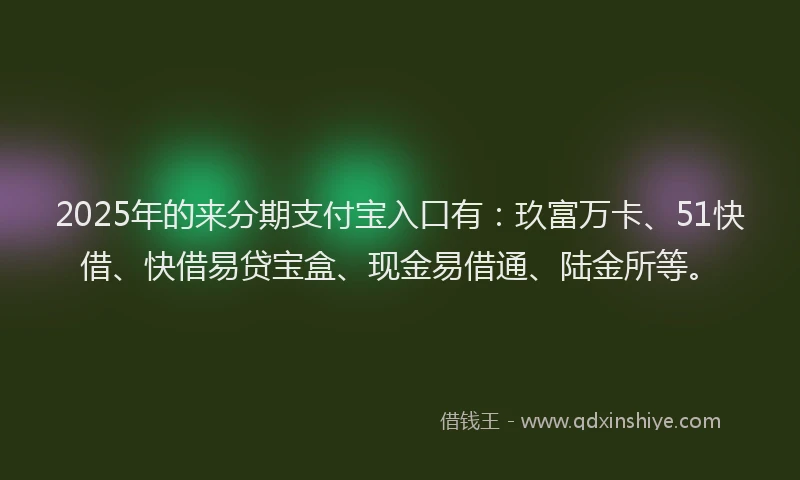 2025年的来分期支付宝入口有：玖富万卡、51快借、快借易贷宝盒、现金易借通、陆金所等。