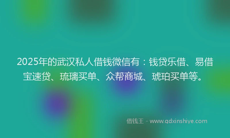 2025年的武汉私人借钱微信有：钱贷乐借、易借宝速贷、琉璃买单、众帮商城、琥珀买单等。
